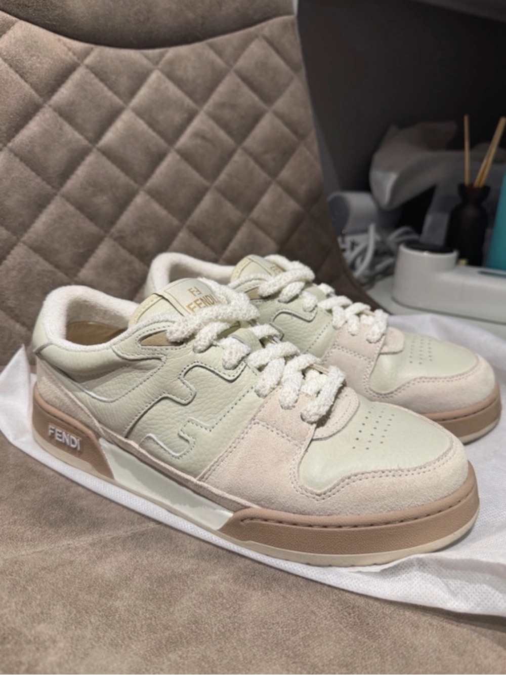 Fendi Cream & Tan Low-Top Lace-Up Sneakers